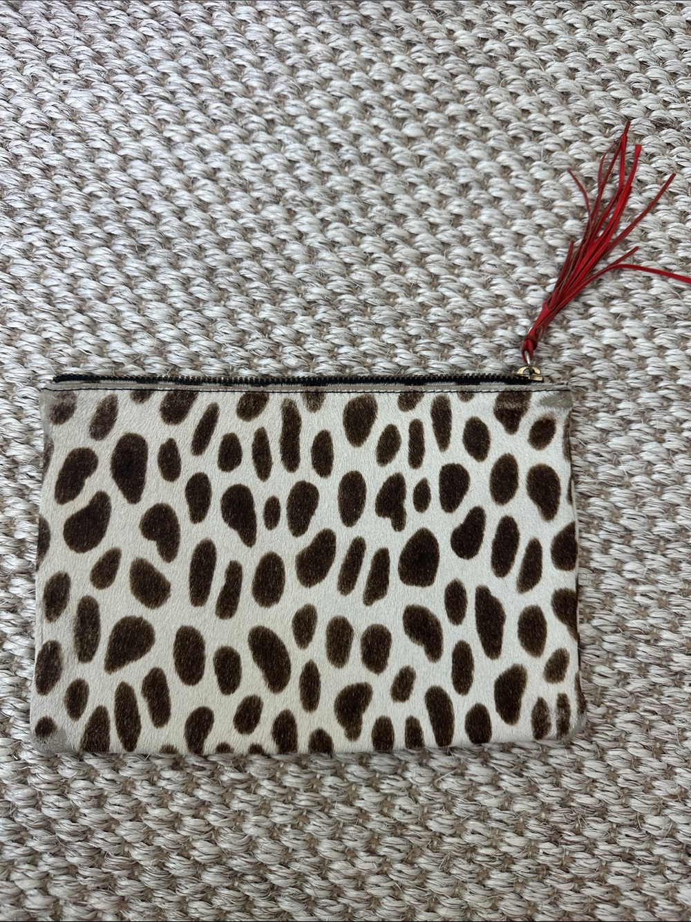Leopard Print Haircalf Zip Pouch with Red Tassel